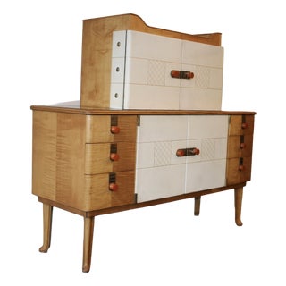 Art Deco Sideboard in Maple with Leather and Art Glass by Laszlo Hoenig, 1940s For Sale