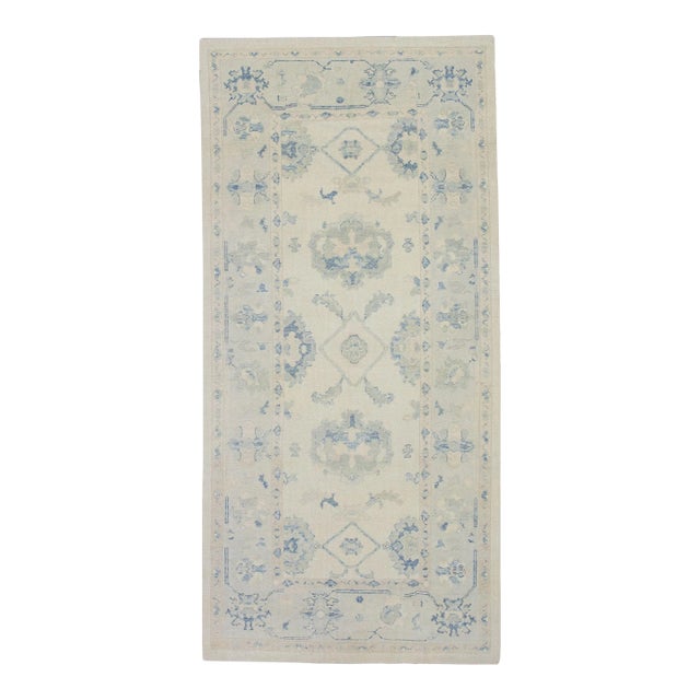 Early 21st Century Cream & Blue Floral Design Handwoven Wool Turkish Oushak Runner 4'10" X 9'8" For Sale
