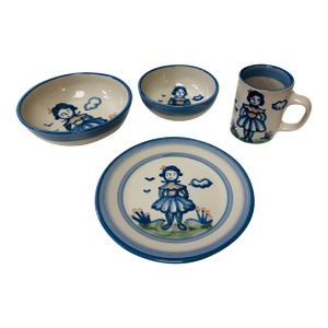 Vintage m.a. Hadley Stoneware Country Scene Blue - Set of 4 'Farmer's Daughter' Pieces