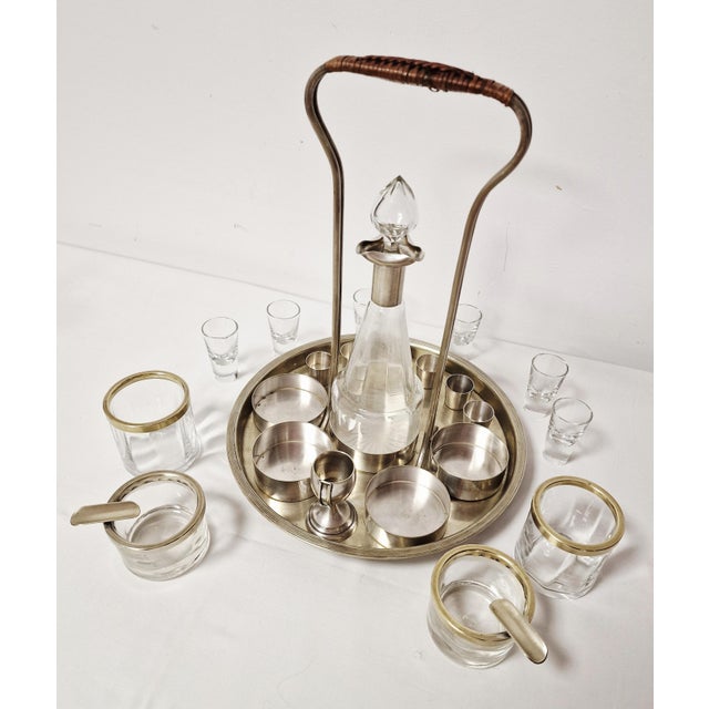 Metal Art Deco Glass Liquor Set with Wicker Handle, 1920s, Set of 13 For Sale - Image 7 of 15