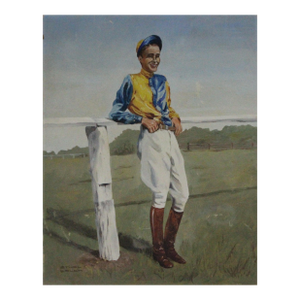1930s Jockey in Yellow & Blue Silks Oil on Board by Ethel Welch