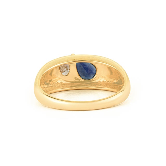 14k Yellow Gold Cigar Band Ring With Blue Sapphire & Diamond Size 6 For Sale - Image 9 of 16