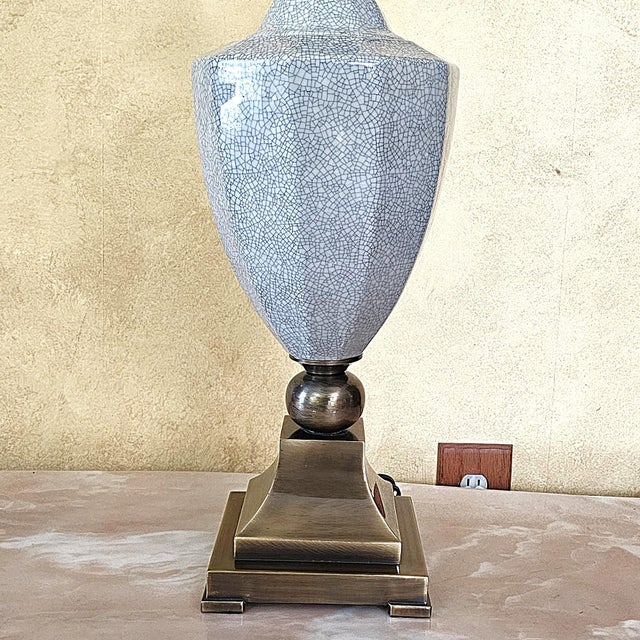 Transitional Vintage Crackle Glaze Ceramic Table Lamp on Antiqued Brass Base, Transitional Style For Sale - Image 3 of 18