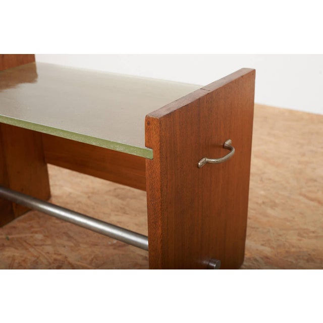Jacques Adnet Side Table in Veneered Plywood with Sand-Cast Glass Top, Metal Tube and Handles by Jacques Adnet, 1930s For Sale - Image 4 of 10