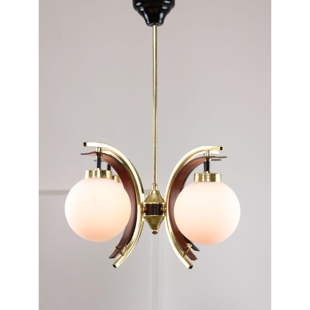 Mid-Century Modern Italian Brass and Opaline Chandelier For Sale - Image 4 of 17