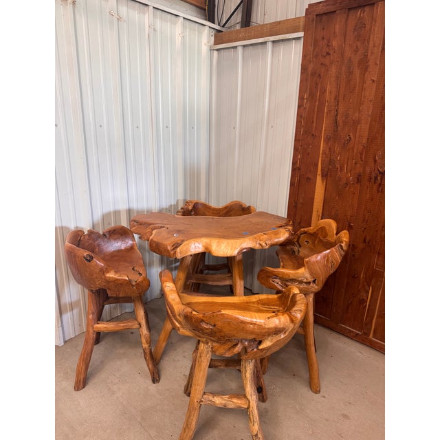 Vintage Handcrafted Rustic Live Edge Log Dining Set With Four Sculpted Wood Chairs For Sale - Image 4 of 16