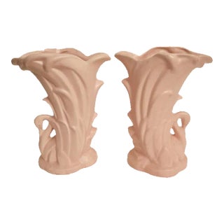 Vintage Pale Pink Ceramic McCoy Carved Swan Tall Vase Vessels- a Pair For Sale