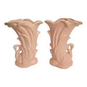 Vintage Pale Pink Ceramic McCoy Carved Swan Tall Vase Vessels- a Pair