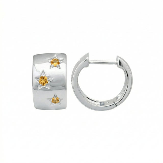 Vintage Style Citrine Star Hoop Earrings, 925 Silver Huggie Hoops, November Birthstone Jewelry - A Pair For Sale - Image 4 of 4