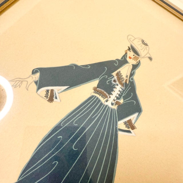 Blue 1950s Signed & Framed Lithograph Art Bon Soir by Erté Lady with Blue Dress Art Deco Style For Sale - Image 8 of 12