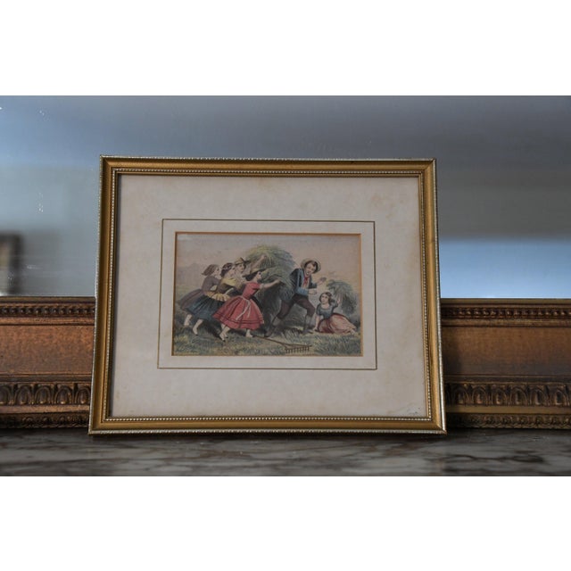 Traditional Set of 4 Antique Hand-Colored Pastoral Prints in Gilt Frames For Sale - Image 3 of 5
