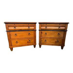 Mid 20th Century Pair Milling Road By Baker Parcel Ebonized and Stained Pine Three Drawers Side Chests.
