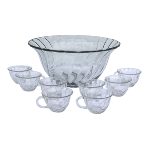 Vintage Anchor Hocking Victoria Optic Swirl Clear Punch Bowl and 8 Cups