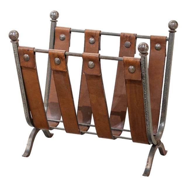 Mid-Century French Iron and Leather Magazine Rack, 1950s For Sale