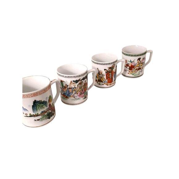 Ceramic Vintage Chinese Geisha Coffee Tea Hand Painted Oriental Asian China Red Mark - Set of 4 For Sale - Image 7 of 12