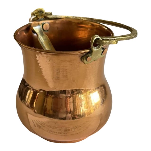 Vintage Copper Planter Utensil Pot With Hinged Brass Handle MCM Lodge CabinCore For Sale
