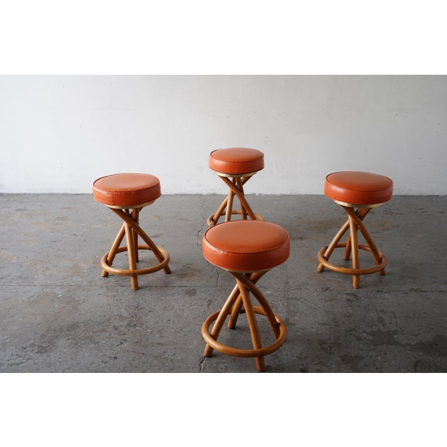 Coastal Set of 4 Mid Century Coastal Rattan Tiki Counter Stools Attrib Paul Frankl For Sale - Image 3 of 12