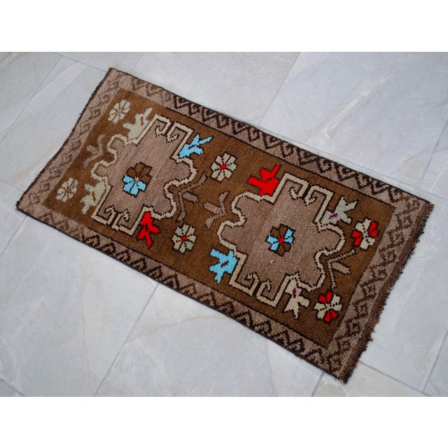 Distressed Low Pile Turkish Yastik Petite Rug Hand Knotted Faded Mat - 17'' X 34'' For Sale - Image 11 of 14