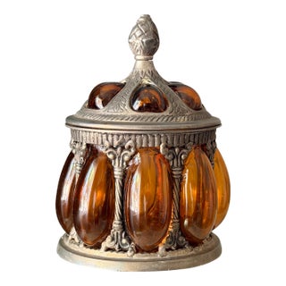 Vintage Baroque Brass Caged Amber Blown Bubble Glass & Dome Lidded Apothecary Jar For Sale