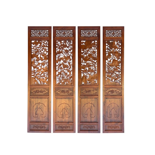 4 Pcs Chinese Brown Stain Lotus Pond Ducks Fishes Wood Panel Floor Screen For Sale - Image 4 of 9