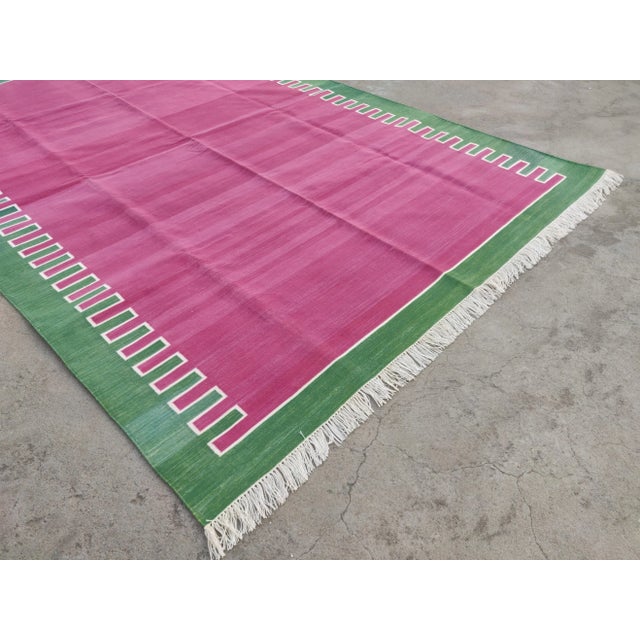 Casa Cosima Handmade Cotton Rug, Raspberry with Forest Green Geometric Border and Cream Fringe - 6'x9' For Sale - Image 4 of 10