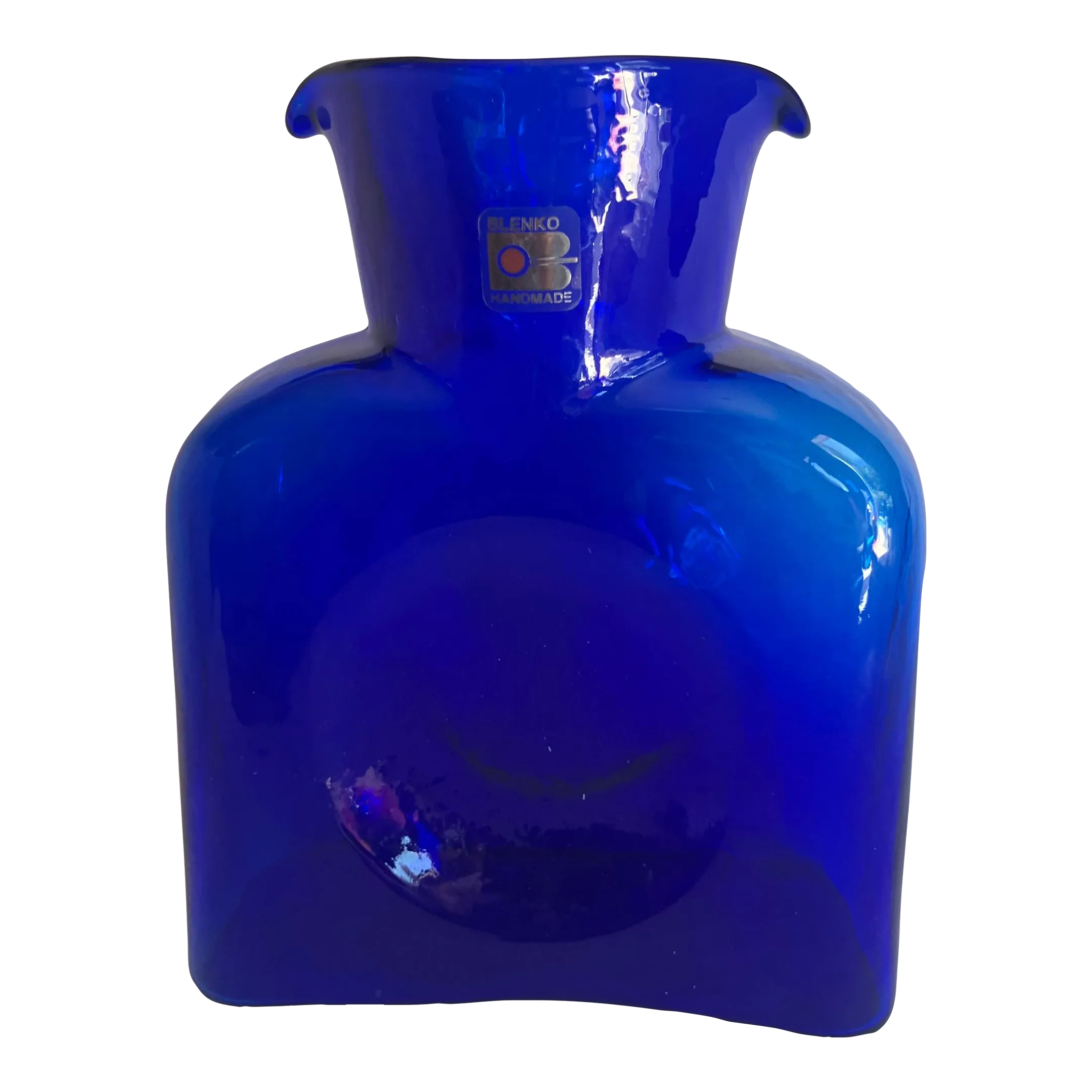 1990s Blenko Art Glass Cobalt Blue Double Spout Pitcher Vase/Jug