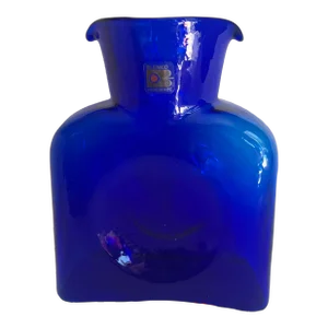 1990s Blenko Art Glass Cobalt Blue Double Spout Pitcher Vase/Jug