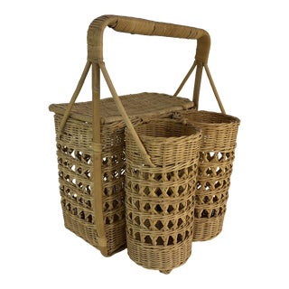Vintage Wicker 2-Bottle Wine Caddy and Picnic Basket. For Sale