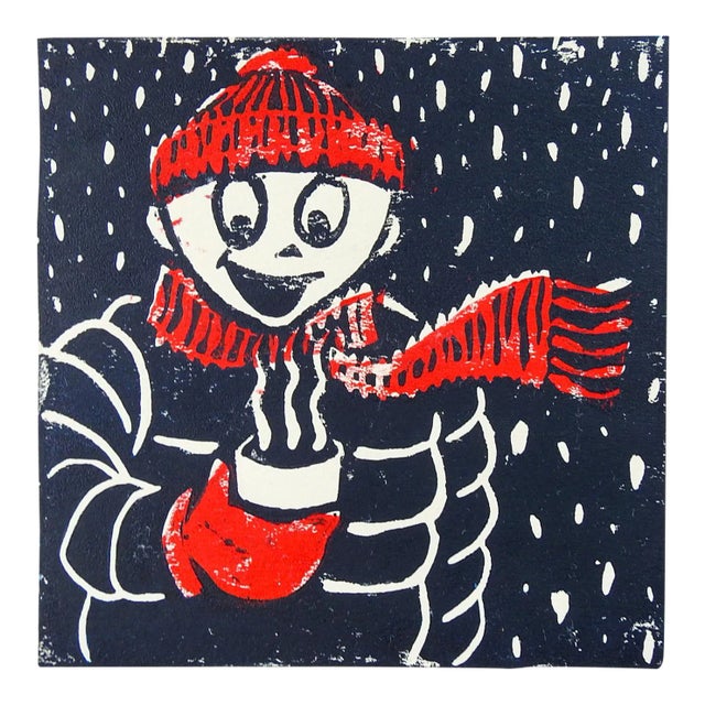 Winter Figure & Hot Chocolate Serigraph in Red & Black For Sale