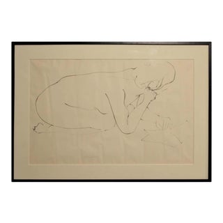 1960s Gertrude Barnstone Abstract Pen Contour Line Drawing of a Nude Figure Hunched Over Reading a Book, Framed For Sale