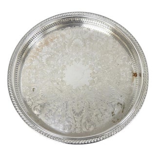 Vintage Wm Rogers Round Sllver Plated Raised Gallery Serving Platter Bar Tray For Sale