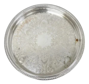 Vintage Wm Rogers Round Sllver Plated Raised Gallery Serving Platter Bar Tray