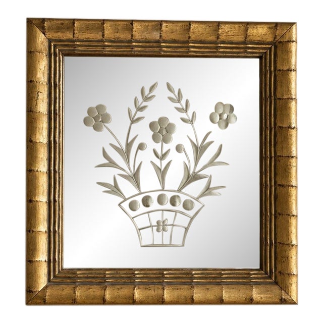 Vintage Gilt Faux Bamboo Etched Floral Mirror, Hollywood Regency For Sale