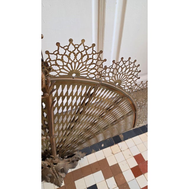 Antique Victorian Brass Fireplace Screen Ornate Folding Fan Peacock Fire Guard Hearth Screen Art Nouveau Home Decor For Sale - Image 13 of 15