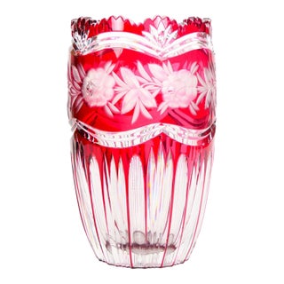 Val Saint Lambert Cut & Etched Glass Vase With Floral and Foliate Decoration For Sale