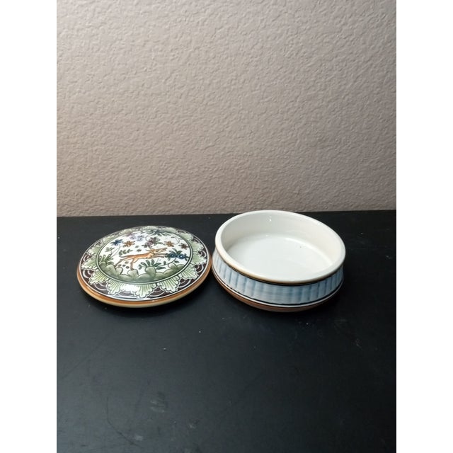 1970s Signed Hand Painted Made in Portugal Art Pottery Lidded Trinket Box For Sale - Image 4 of 6
