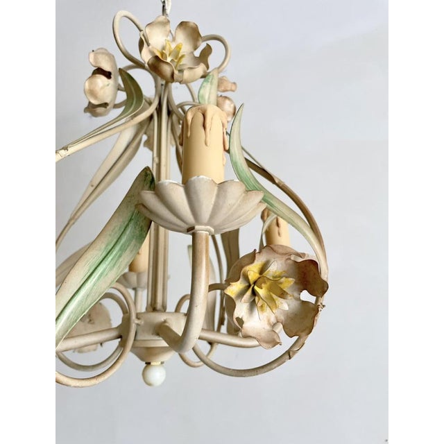 Cream Vintage Painted Tole Floral Chandelier, 1950s For Sale - Image 8 of 10