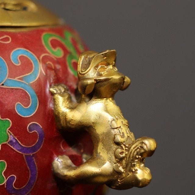 Vintage Cloisonne Enamel Incense Burner – 6.1" Gilt Lion Censer With Floral Motif For Sale - Image 9 of 9