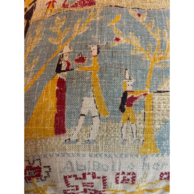 Textile Vintage 1950s Americana Folk Art Sampler Print Pillow With Hunting Scene For Sale - Image 7 of 8