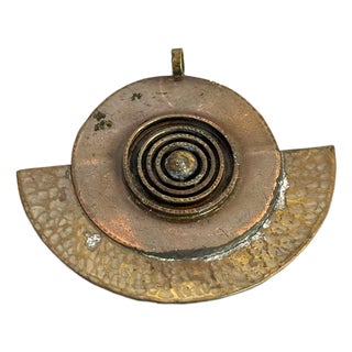 Egyptian Revival Hammered Brass & Copper Geometric Pendant For Sale
