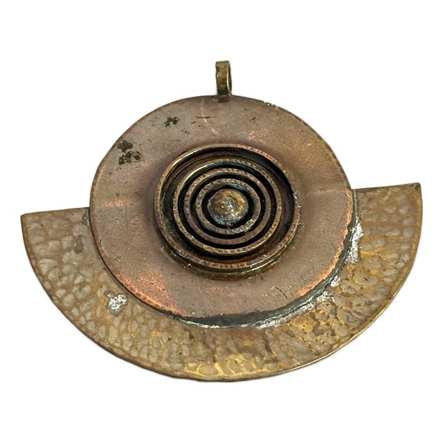 Egyptian Revival Hammered Brass & Copper Geometric Pendant For Sale