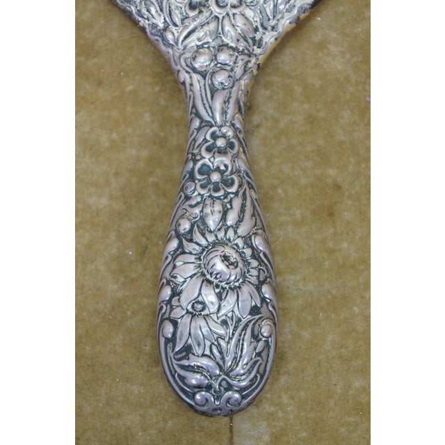 Antique Dominick & Haff Repousse Sterling Silver Beveled Hand Vanity Mirror 11" For Sale - Image 10 of 13