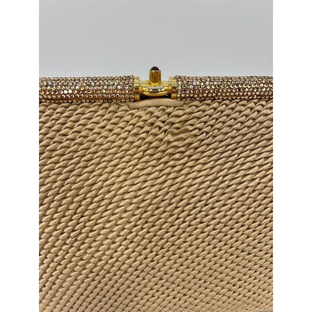 Vintage Judith Leiber Beige Pleated Silk Swarovski Crystal Top Clutch c1980s For Sale - Image 9 of 11