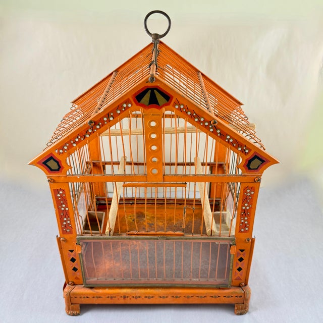 Hendryx Orange Japanned Metal Bird Cage, Hand-Painted, Circa 1900-1920 For Sale - Image 4 of 18