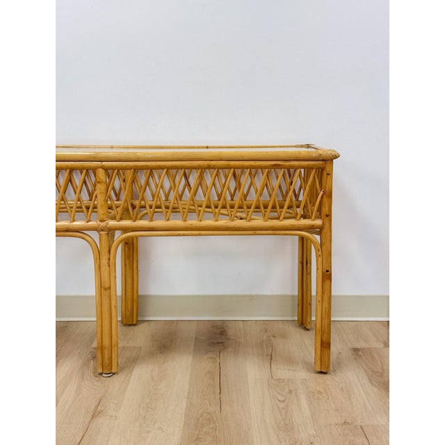 Vintage Coastal Wicker Rattan Console Table Woven Lattice Glass Top Beige Boho For Sale - Image 14 of 14