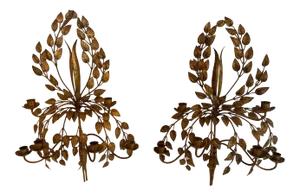 Italian Gilded Iron & Tole Leaf Motife Candelabra Sconces -A Pair