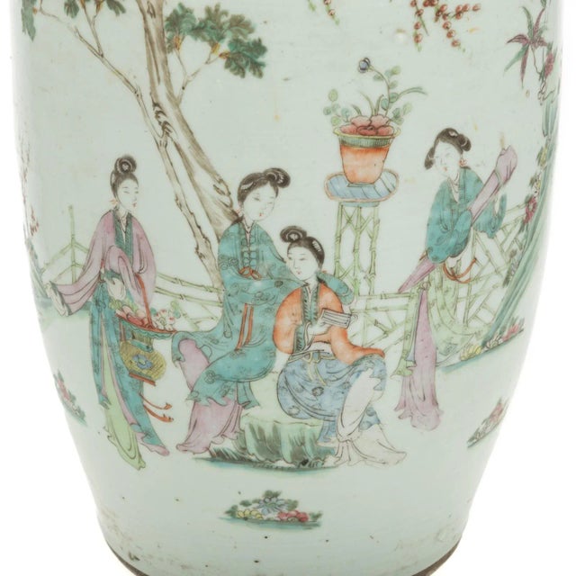 Guangxu Era Circa 1880s Chinese Export Large Famille Rose Vase With Image of Maidens in Fanciful Garden and Foo Dog Mask Handles For Sale - Image 4 of 8