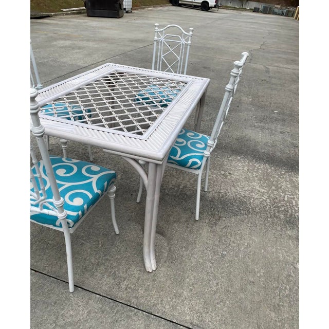 1970s White Wicker Dining Table With Metal Chairs and Blue Accent Cushions For Sale - Image 4 of 9