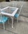 1970s White Wicker Dining Table With Metal Chairs and Blue Accent Cushions For Sale - Image 4 of 9