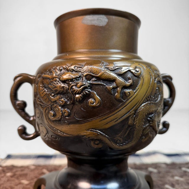 1990s Bronze Usubata Ikebana Vase with Dragon and Tiger, Japan, 1990s For Sale - Image 5 of 18